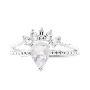 El anillo de oro macizo de 14 quilates más vendido, juego de dos anillos de topacio blanco para ocasión de compromiso de boda, producido en 10K/18K - Product Image 3