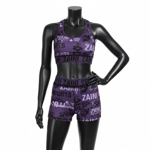 Conjunto de Shorts para Mujer, 240 GSM, Tela Elástica de Poliéster y Spandex, Morado y Negro, Logotipo Personalizado por Transferencia Térmica, Conjunto de Shorts de Algodón para Mujer - Product Image 1