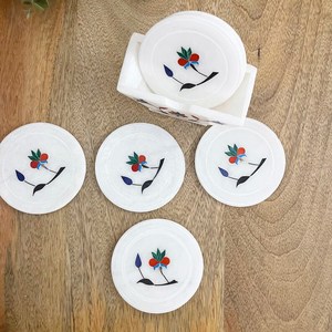 Sous-verres en marbre blanc faits à la main avec incrustation en métal carré 4x4 pouces Ensemble de 6 sous-verres de table décoratifs avec support - Product Image 2