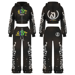 ชุดวอร์มลายพิมพ์สไตล์วินเทจ ผ้าฝ้าย 100% กางเกงวอร์มขาบาน และเสื้อฮู้ดดี้โอเวอร์ไซส์สำหรับผู้ชาย - Product Image 2