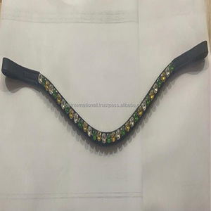 Bande de sourcils de cheval en cuir véritable 100% fait à la main, vague profonde personnalisée 1 rangée ronde cristaux clairs et cristaux verts, bande de sourcils bling - Product Image 2