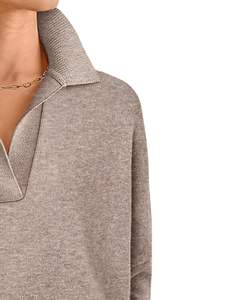 Women Taupe Collared V Neck <b>Knit</b> <b>Sweater</b> Long Sleeve Soft Casual Pullover <b>Loose</b> Fit Autumn Winter Daily Wear Top Fashion Chic - Product Image 2