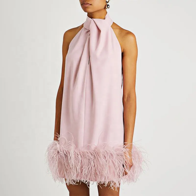 2022 New Design Women Casual Summer Party Fur Turtleneck Sleeveless Evening Satin Silk Mini Pink Ostrich Feather Dress