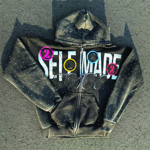 OEM Custom Men's Vintage Hooded <b>French</b> Terry Rhinestone Oversized Heavy Cotton Printed Sun Faded Acid Wash Zip Up Hoodie - Product Image 5