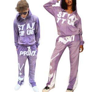 Sweat à capuche épais et pantalon évasé en denim déchiré 100% coton, imprimé graphique, brodé, effet soleil délavé, personnalisable, faible MOQ - Product Image 6