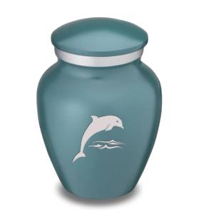 <b>Aluminium</b> Keepsake Cremation Urn With White Dolphin Design Sticker <b>Strip</b> Pewter And Teal Finished For Ashes . - Product Image 1