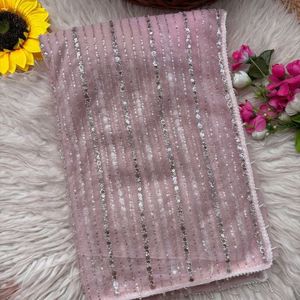 Sari de mariage traditionnel en tulle pur et doux, avec broderie originale de perles, bordure fantaisie en dentelle Moti, design lourd, longueur ras du sol, avec chemisier - Royal - Product Image 5