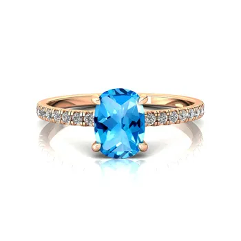 Bague Halo avec topaze bleue suisse naturelle taillée coussin et diamants véritables en or véritable 18 carats Bague en pierres précieuses faite à la main Cadeau parfait pour elle