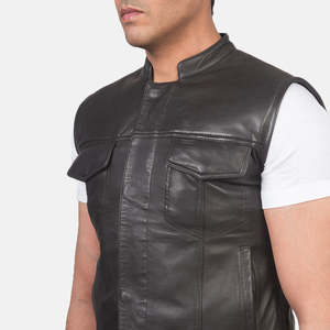 Gilet de motard en cuir véritable décontracté d'hiver à col rond de haute qualité pour hommes avec boutons en peau de mouton et poche avant | Vêtements d'extérieur - Product Image 5