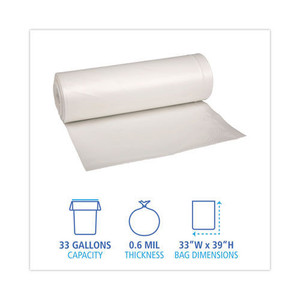 Contenedor de basura desechable Boardwalk H6639HWKGR1 de 33 galones. Rollos de Bolsas de Basura Perforadas de Baja Densidad de 0.6 Mil, 33 Pulgadas X 39 Pulgadas Blanco (150/caja) - Product Image 4