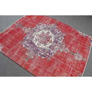 Alfombra Vintage de 4.7x5.9 pies, Alfombra Turca, Alfombra de Lana Abstracta Roja y Azul - Product Image 4