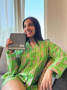 Algodón tejido estampado a mano indio bloque-Estampado Floral cuello en V cordón pantalones cortos conjunto manga corta Top Sleep Lounge Wear verano Lima - Product Image 3