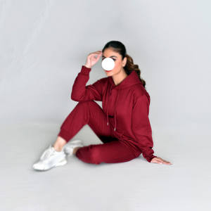 ชุดวอร์มผ้าคอตตอนมีฮู้ดแบบสวมศีรษะทรงหลวมเปิดไหล่สำหรับผู้หญิงกางเกงมีฮู้ดลายกราฟิก - Product Image 6