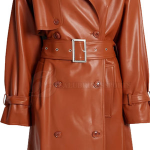2024 vêtements d'extérieur de luxe personnalisés pour les femmes à manches longues ceinture revers Trench ample respirant noir PU Faux cuir veste - Product Image 6