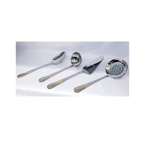 Juego de utensilios pulidos plateados con diseño plano Herramientas de cocina de mango largo Espumadera de malla y juegos de espátulas de cucharones - Product Image 1