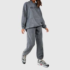 Ligero lavado ácido Vintage desteñido desgastado mujeres sudadera de gran tamaño poliéster algodón invierno Casual patrón sólido - Product Image 2