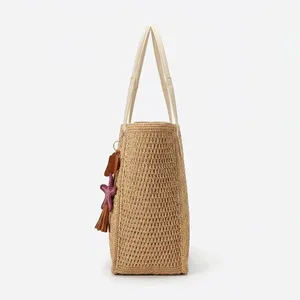 Bohemian Crochet <b>Raffia</b> <b>Tote</b> Bag with Cotton Lining Tassel Solid Color Red Leather Handles Open Top Summer Beach Women's Handbag - Product Image 3