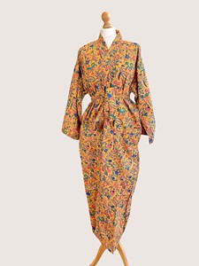 Bata Larga Estampada Floral para Mujer, Manga Larga, Cuello Mandarín, 100% Algodón Suave, Estilo Casual de Verano, Cierre con Cordón - Product Image 1
