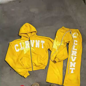 Chándales Vintage Sun Faded Hoodie Pantalones acampanados personalizados Chándal bordado desgastado Conjunto de joggers térmicos de color sólido para hombre - Product Image 4