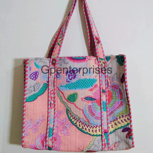 Traditional Indian Kantha Quilted Hand Block <b>Floral</b> Printed <b>Tote</b> <b>Bag</b> Large Casual Trendy Custom Fashion Accessory - Product Image 1