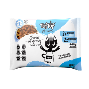 TufTuf Nourriture humide pour chat Multipacks - 4 x 100 g - Mélange de 2+2 saveurs - Morue & Truite - Product Image 1