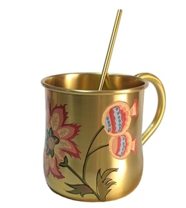 แก้วกาแฟดีไซน์ดอกไม้และ100% หลอดทองเหลืองภาพวาดด้วยมือทำจากทองเหลือง - Product Image 1