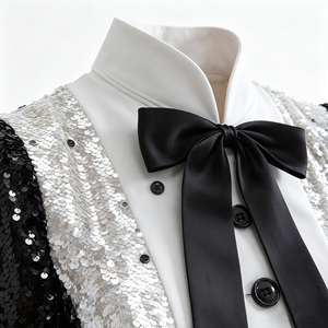 <span class=keywords><strong>Robe</strong></span> mini smoking noire et blanche à sequins pour femme avec col montant et nœud papillon - Product Image 5