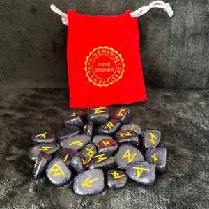 El mejor juego de Runas de Piedra dorada azul de 25 piezas talladas Feng Shui, piedras preciosas semipreciosas caídas, Runas de ágata grabadas para decoración del hogar, amor - Product Image 1