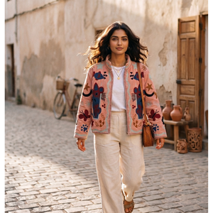 Veste en coton tissé brodée à la main avec des motifs floraux, style Prairie Chic pour femmes, manches longues, vêtement d'extérieur pour le printemps - Product Image 1