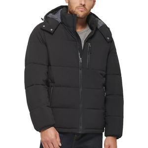 Veste matelassée en toile matelassée noire pour hommes avec capuche attachée à col montant poche zippée à l'avant pour la saison d'hiver - Product Image 1