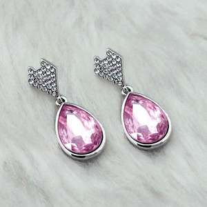 Kriaa Fine Stud Pendientes Rosa Cristal Piedra Rodio Plateado Dangler 1313650A - Product Image 1