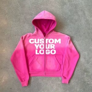 เสื้อฮู้ดดี้ผู้ชายปักโลโก้ส่วนตัว ผ้าหนา 100% ผ้าฝ้าย ซิปฮู้ดดี้ 450gsm 500gsm ทรงโอเวอร์ไซส์ ประดับคริสตัล ลายซันเฟด - Product Image 4