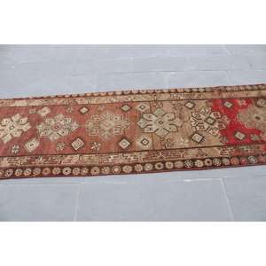 Turkish Vintage Rug, <b>Runner</b> 2.8x9.3 ft (85x282 cm) Rug, <b>Red</b> Bordered Wool Rug - Product Image 3
