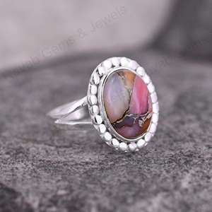 Bague en argent 925 fait à la main avec lunette de designer Mohave rose opale cuivre Cabochon pierre précieuse 10x14mm solide plaqué rhodium bijoux fins - Product Image 2