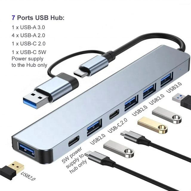 Stock 7 in 1 USB 3.0 Hub Type C Docking Station Multiport Splitter With PD Charging for Laptop Tablet Computer Bulk Supply