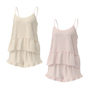 Women's Woven Thermal Breathable <b>Satin</b> Ribbed Knit Ruffle Hem Camisole <b>Shorts</b> <b>Pajama</b> Set Casual Lounge Two Piece OEM Factory - Product Image 1