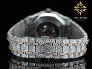 Reloj Analógico Automático de Acero Inoxidable de Dos Tonos para Unisex con Diamantes Moissanite Incrustados en la Esfera de Cristal, Diseño Floral, Estilo Ejecutivo y Moderno - Product Image 6