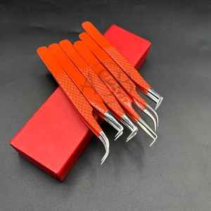 Pinzas de pestañas profesionales de acero inoxidable sostenibles de alta calidad, pinzas de extensión de pestañas de etiqueta privada naranja probadas a mano - Product Image 2