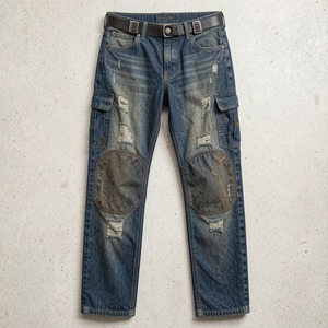 Jean en denim pour homme, coupe slim, avec logo vintage, renforts robustes, double genou renforcé, pour travailleurs industriels, durable et effet usé - Product Image 1