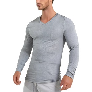 Vêtements pour hommes T-shirts à la mode, col en V, coupe ajustée, hauts à manches longues, maillot de corps décontracté, couleur unie, manches longues, hauts - Product Image 5