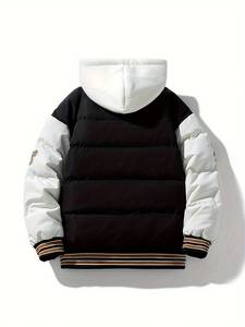 <b>Mens</b> Black and <b>White</b> Varsity <b>Puffer</b> <b>Jacket</b> with Hood Letter Patch Design Warm Quilted Winter Coat Casual Streetwear Outerwear - Product Image 2