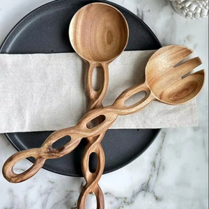 Ensemble d'ustensiles de cuisine en bois d'acacia fabriqués à la main pince à salade en bois élégant long manche serveur de salade dîner fourchette cuillère salade - Product Image 1