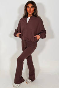 Ensemble de survêtement 2 pièces pour femme, dernier design, marron, fermeture éclair et pantalon pattes d'éléphant, respirant, 100% coton, ensemble de survêtement 2 pièces pour femme - Product Image 5