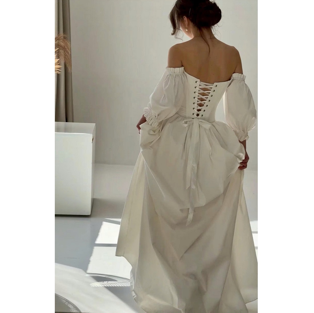 white christmas dresses Lace-Panel Satin Corset Wedding Dress with Slit main image 0