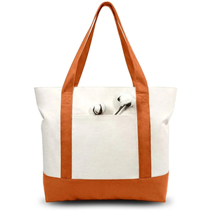Solid Color England Style <b>Canvas</b> <b>Tote</b> Bag with Zipper Closure Orange Trim Front Pocket for Shopping & Travel - Product Image 1