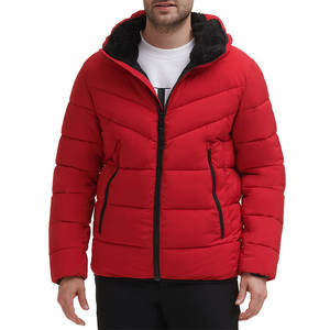 2025 elegante Color rojo liso hombres Zip Up Bubble Jacket logotipo personalizado tela de poliéster con piel de oveja con capucha Puffer chaquetas de los hombres - Product Image 3