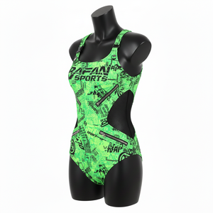 ชุดว่ายน้ำผู้หญิง 225 GSM ผ้าโพลีเอสเตอร์ผสมสแปนเด็กซ์ยืดหยุ่นสูง สีเขียวสด แต่งสีดำ พิมพ์ลายโลโก้บนผ้า - Product Image 4