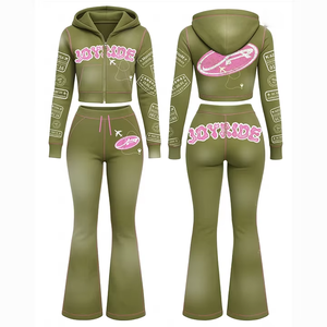 Ensemble deux pièces pour femmes, veste zippée tendance 2026, logo personnalisé, sweat-shirt vintage délavé à l'acide, pantalon de survêtement uni, sweat-shirt court rose - Product Image 1