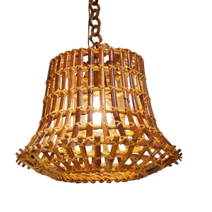 Lampe à suspension en rotin de style moderne du milieu du siècle Décor à la maison classique avec abat-jour rond en métal en forme de cloche en bambou - Product Image 2