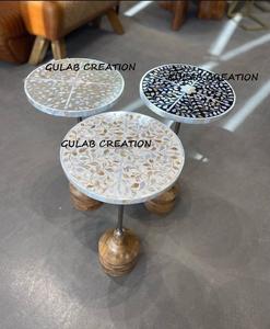 Handcrafted Modern Mother of Pearl Inlay Round Coffee <b>Table</b> Solid Wooden Base Luxury Artisan Accent <b>Table</b> Living Room Home Decor - Product Image 3